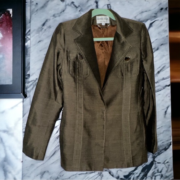 VTG Fabulous Annie Reva 2 pc skirt suit Olive green Made in Canada Silk blend - Picture 3 of 13